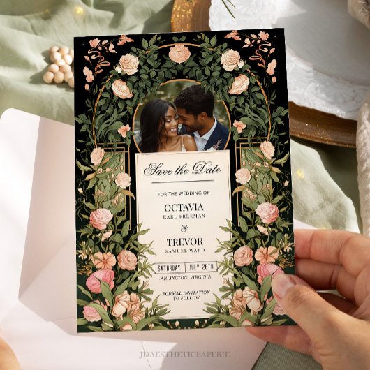 Zwart & Goud Bewaar de datum met roze bloemen Kaart