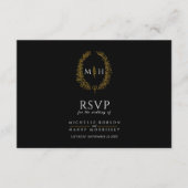 Zwart goud blad monogram maaltijd optie bruiloft e RSVP kaartje (Voorkant)
