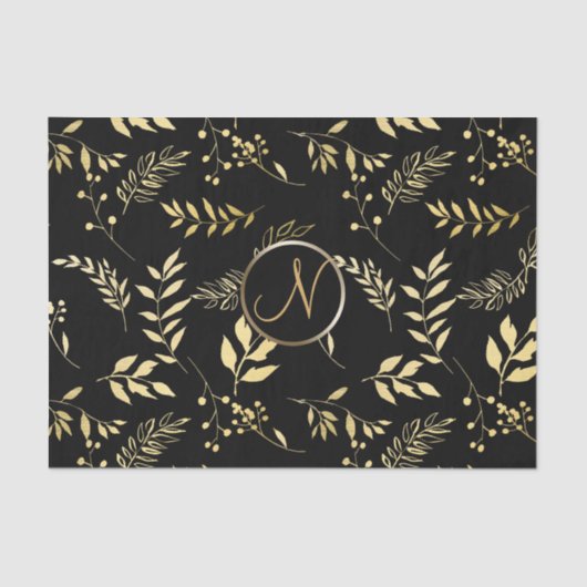Zwart Goud bladeren Chic Monogram Letter Initiaal Tissuepapier (Voorkant)
