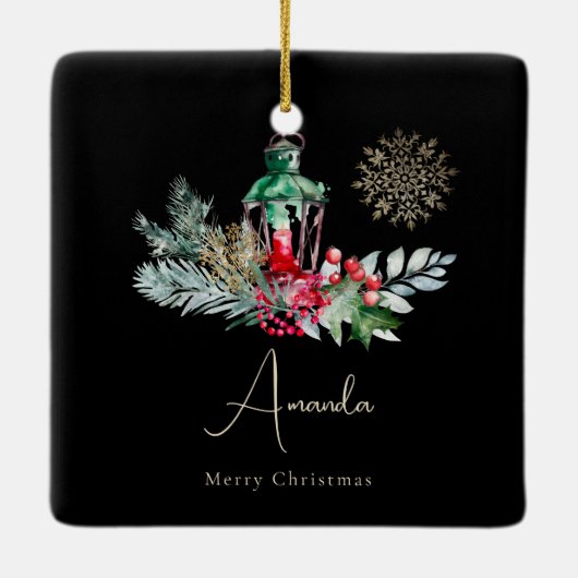 Zwart Goud Bladerlantaarn Modern Vrolijk Kerstfees Keramisch Ornament (Achterkant)