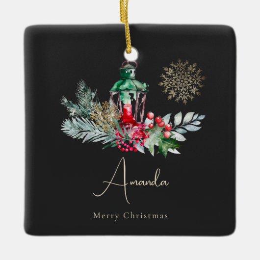 Zwart Goud Bladerlantaarn Modern Vrolijk Kerstfees Keramisch Ornament (Voorkant)