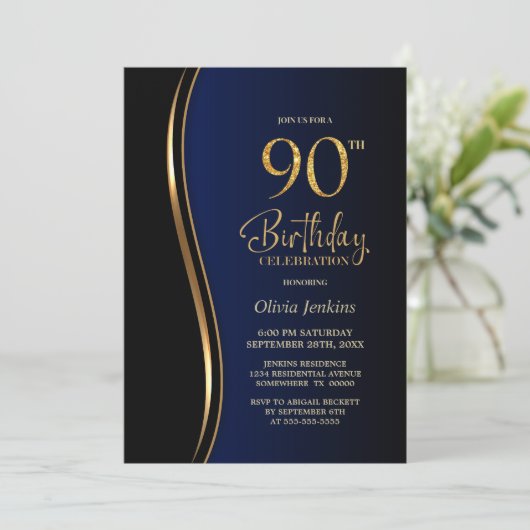 Zwart Goud Blauw 90ste Verjaardagsfeest Kaart (Staand voorkant)