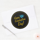 Zwart Goud Blauw Gelukkige Afstudeerdag Script Ronde Sticker (Envelop)