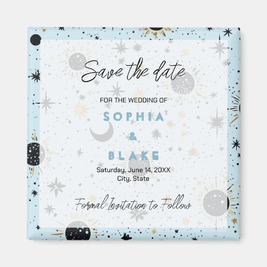 Zwart Goud Blauw Hemelse Bruiloft Save the Date Magneet (Voorkant)