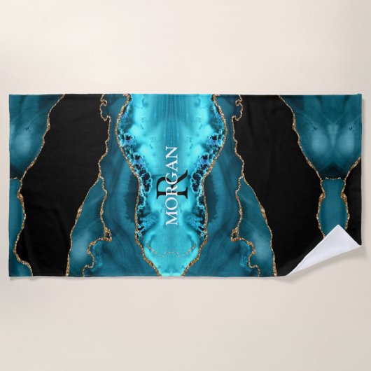 Zwart Goud & Blauwgroen Agaat, Monogram & Witte Na Strandlaken (Voorkant)