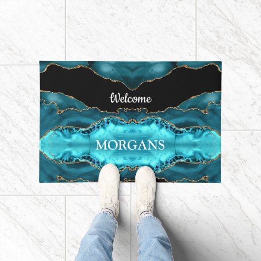 Zwart Goud & Blauwgroen Agaat, Wit Monogram & Naam Deurmat (Binnen)
