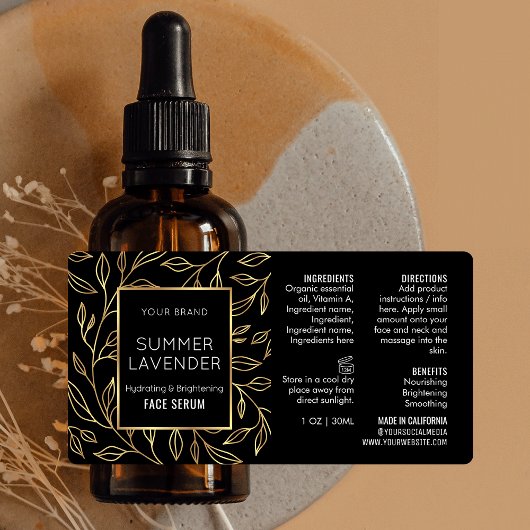 Zwart & Goud Bloemen 1 OZ Cosmetische Fles Label