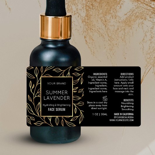 Zwart & Goud Bloemen 1 OZ Cosmetische Fles Label