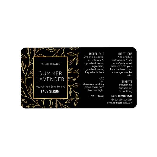 Zwart & Goud Bloemen 1 OZ Cosmetische Fles Label (Voorkant)