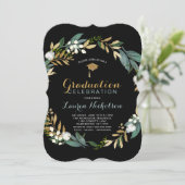 Zwart Goud Bloemen Afstuderen Kaart (Staand voorkant)