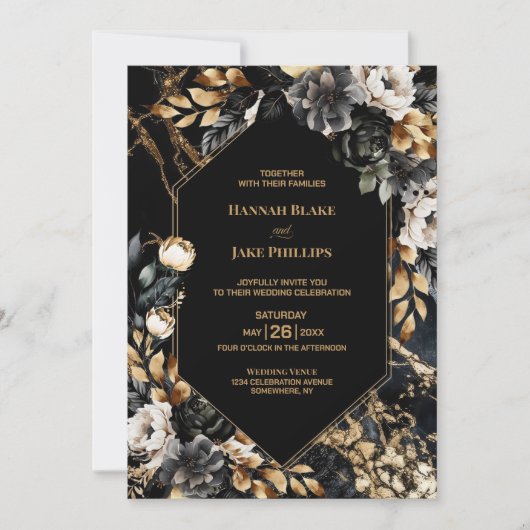 Zwart Goud Bloemen Alles In Een Geometrische Bruil Kaart (Voorkant)