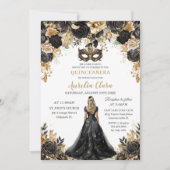 Zwart Goud Bloemen Blond Masquerade Quinceañera Kaart (Voorkant)
