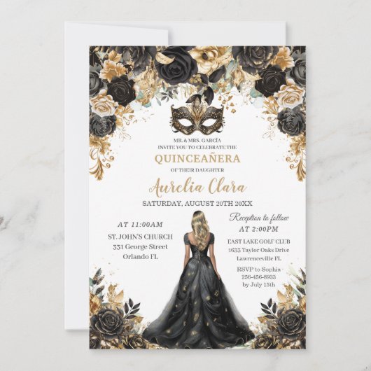 Zwart Goud Bloemen Blond Masquerade Quinceañera Kaart (Voorkant)