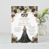 Zwart Goud Bloemen Blond Masquerade Quinceañera Kaart (Staand voorkant)