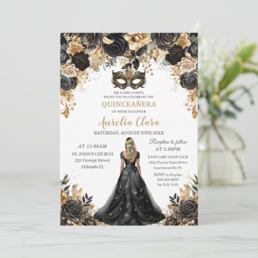 Zwart Goud Bloemen Blond Masquerade Quinceañera Kaart (Staand voorkant)