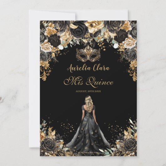 Zwart Goud Bloemen Blond Masquerade Quinceañera Kaart (Achterkant)