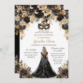 Zwart Goud Bloemen Blond Masquerade Quinceañera Kaart (Voorkant / Achterkant)