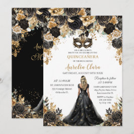 Zwart Goud Bloemen Blond Masquerade Quinceañera Kaart
