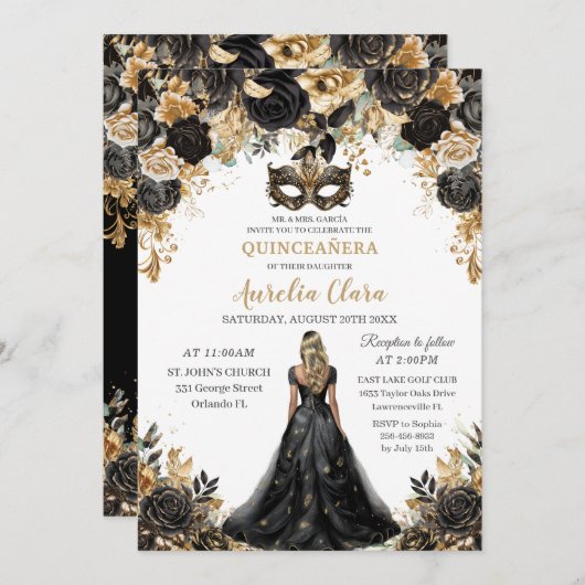 Zwart Goud Bloemen Blond Masquerade Quinceañera Kaart (Voorkant / Achterkant)