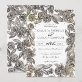 Zwart Goud Bloemen Confetti Waterverf bruiloft Kaart (Voorkant / Achterkant)