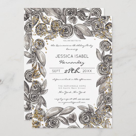 Zwart Goud Bloemen Confetti Waterverf Quinceañera Kaart (Voorkant / Achterkant)