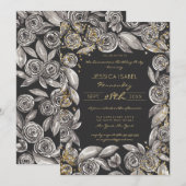 Zwart Goud Bloemen Confetti Waterverf Quinceañera Kaart (Voorkant / Achterkant)