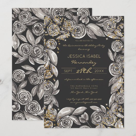 Zwart Goud Bloemen Confetti Waterverf Quinceañera Kaart (Voorkant / Achterkant)