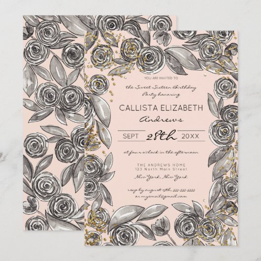 Zwart Goud Bloemen Confetti Waterverf Sweet 16 Kaart (Voorkant / Achterkant)