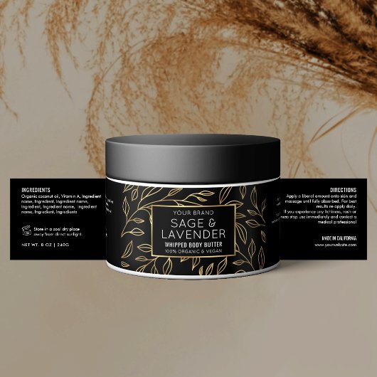 Zwart & Goud Bloemen Cosmetische Jar Wraparound La Waterfles Etiket