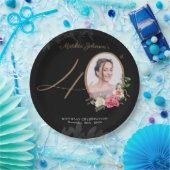 Zwart Goud Bloemen Custom Foto 40e Verjaardag Papieren Bordje (Feest)