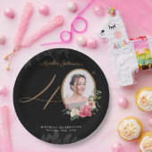 Zwart Goud Bloemen Custom Foto 40e Verjaardag Papieren Bordje (Feest)