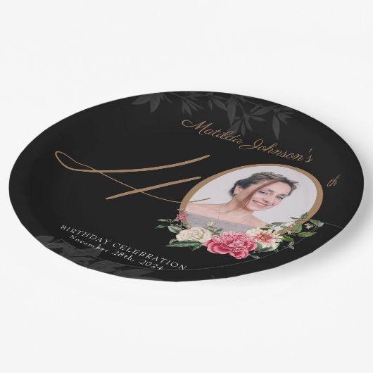 Zwart Goud Bloemen Custom Foto 40e Verjaardag Papieren Bordje (Gekanteld)