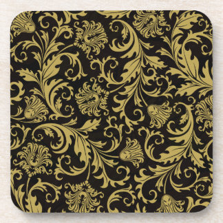 Zwart & Goud Bloemen Damask Design Pattern Bier Onderzetter