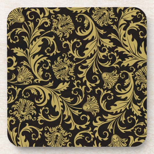 Zwart & Goud Bloemen Damask Design Pattern Bier Onderzetter (Voorkant)