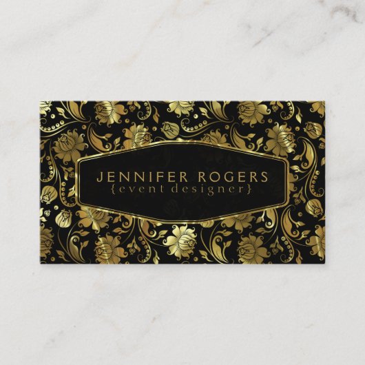 Zwart & Goud  Bloemen Damasks 2c Visitekaartje (Voorkant)