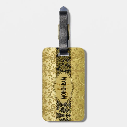 Zwart & Goud Bloemen Damasks Gepersonaliseerd Bagagelabel (Achterkant verticaal)