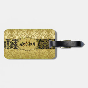 Zwart & Goud Bloemen Damasks Gepersonaliseerd Bagagelabel