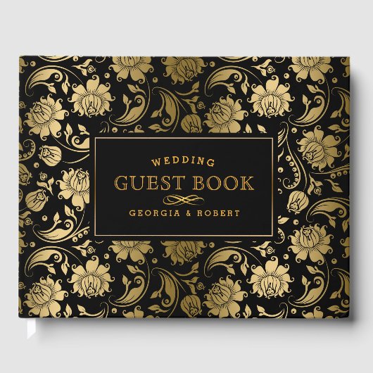 Zwart & Goud Bloemen Damasks Patroon Gastenboek (Voorkant)