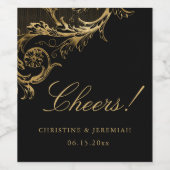  Zwart Goud Bloemen Damast Cheers Bruiloft Wijn Etiket (Enkel label)