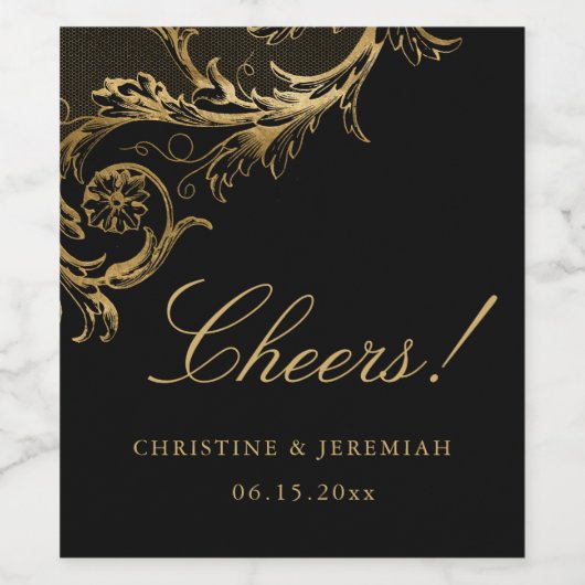  Zwart Goud Bloemen Damast Cheers Bruiloft Wijn Etiket (Enkel label)