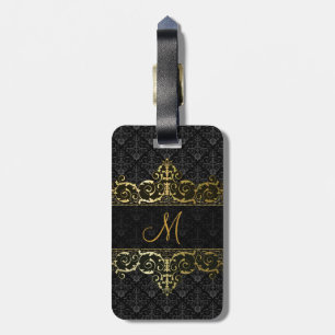 Zwart & Goud Bloemen Damast en Lijst Monogram Bagagelabel