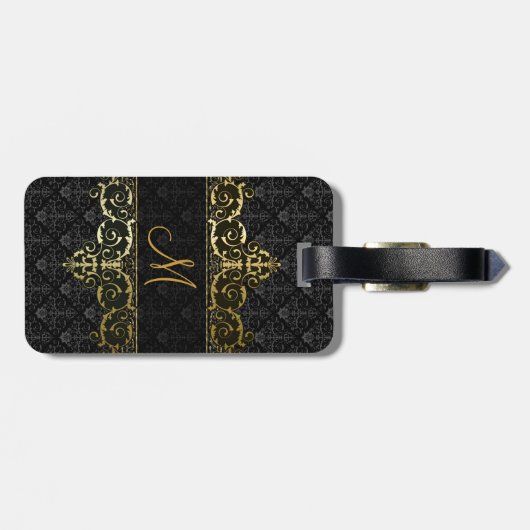Zwart & Goud Bloemen Damast en Lijst Monogram Bagagelabel (Achterkant horizontaal)