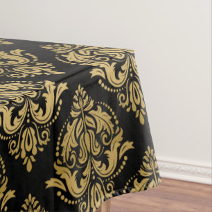 Zwart & Goud Bloemen Damast Geometrisch Patroon Tafelkleed