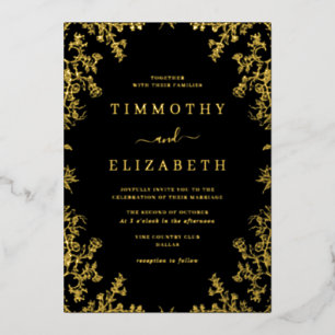 Zwart Goud Bloemen Elegante bruiloft Folie Uitnodi Folie Uitnodiging