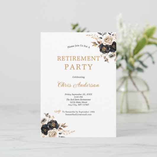 Zwart Goud Bloemen Elegante Moderne Pensioen Parti Kaart (Staand voorkant)