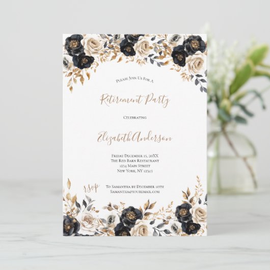 Zwart Goud Bloemen Elegante Pensioenfeest Hier Kaart (Staand voorkant)