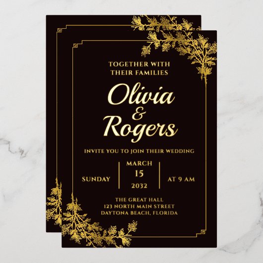 Zwart Goud Bloemen Elegante Vintage Bruiloft Folie Uitnodiging (Voorkant / Achterkant)