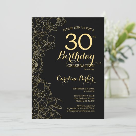 Zwart Goud Bloemen Foto 30e Verjaardagsfeest Kaart (Staand voorkant)