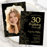 Zwart Goud Bloemen Foto 30e Verjaardagsfeest Kaart<br><div class="desc">Zwart goud bloemenfeest 30e verjaardag uitnodiging met uw foto aan de achterkant van de kaart. Minimalistisch modern design met botanische contourtekenaccenten, faux gouden folie en typografie script lettertype. Eenvoudige trendy uitnodigingskaart perfect voor een stijlvol vrouwen dagfeest. Kan worden aangepast aan elke leeftijd. Gedrukte Zazzle-uitnodigingen of direct download digitale afdrukbare sjabloon....</div>