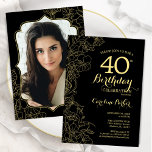 Zwart Goud Bloemen Foto 40e Verjaardagsfeest Kaart<br><div class="desc">Zwart goud bloemenfeest 40e verjaardag uitnodiging met je foto aan de achterkant van de kaart. Minimalistisch modern design met botanische contourtekenaccenten, faux gouden folie en typografie script lettertype. Eenvoudige trendy uitnodigingskaart perfect voor een stijlvol vrouwen dagfeest. Kan worden aangepast aan elke leeftijd. Gedrukte Zazzle-uitnodigingen of direct download digitale afdrukbare sjabloon....</div>